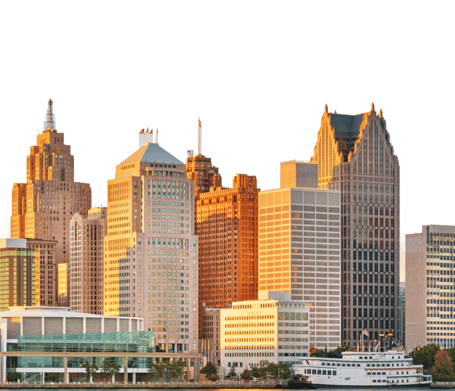 Downtown Detroit skyline at golden hour