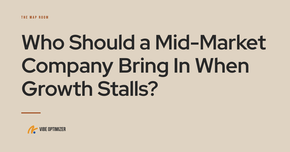Vibe Optimizer article card — "Who Should a Mid-Market Company Bring In When Growth Stalls?"